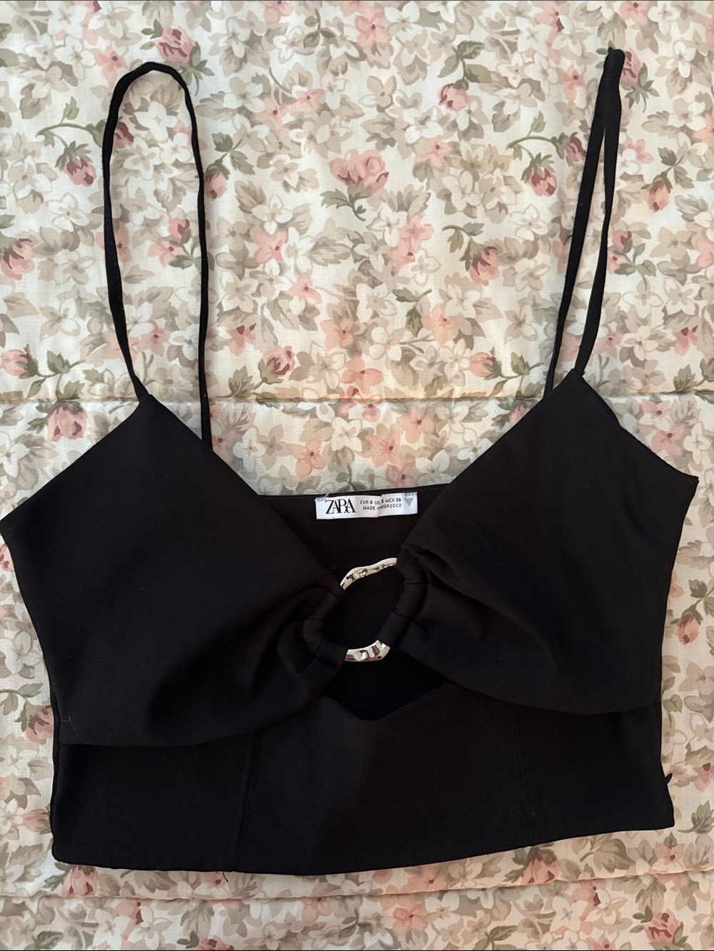 Zara Black Ring-Accent Cropped Cut-out Cami